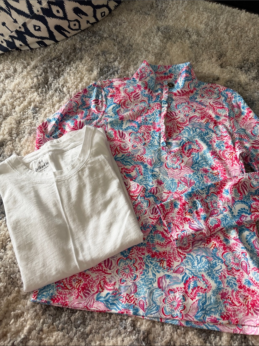 Floral Pink & Blue Button-Up performance Women's Top with white t shirt